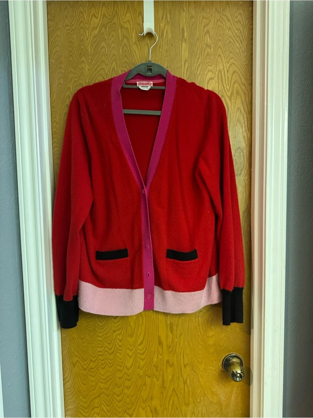 kate spade Red & Pink Colorblock V-Neck Cardigan with Black Accents